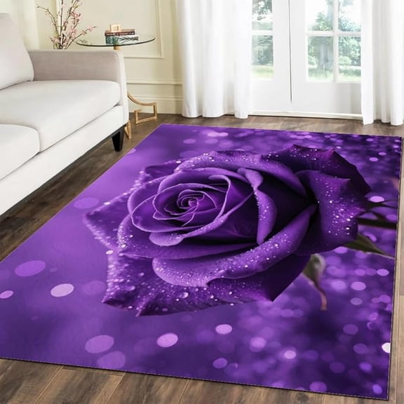 Romantic Purple Rose Area Rugs, Dewdrop Flower Petals 3D Pattern Print Carpet, Non-Slip Washable Area Decoration Rug for Bedroom Living Room Home Office Thermal Carpet Mat 5 x 8ft