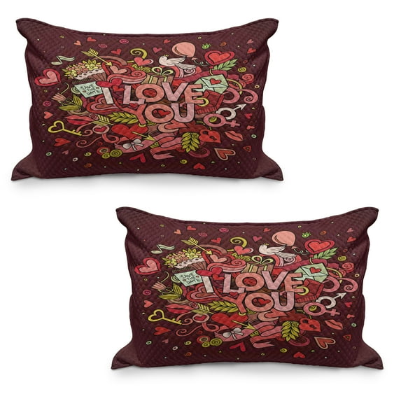 Romantic Quilted Pillowcover Set of 2, Retro Funky I Love You Words on Hearts Arrows Baloons Birhday Image, Standard Queen Size Pillow Cover for Bedroom, 30" x 20", Coral Burgundy Yellow, by Ambesonne