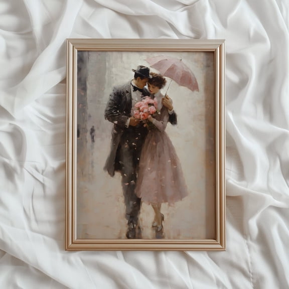 Romantic Rain Print | Valentines Day PRINTABLE Wall Art | Vintage Romance Decor | Pink Umbrella Painting | Antique 1950 Love Painting |24x36 Unframed Poster