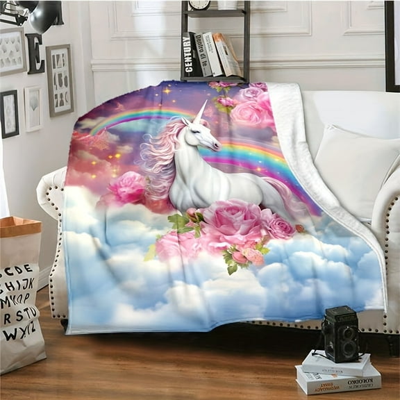 Romantic Rainbow Unicorn Flannel Throw Blanket - Lightweight Soft Fleece for Bed, Sofa, Travel & Camping