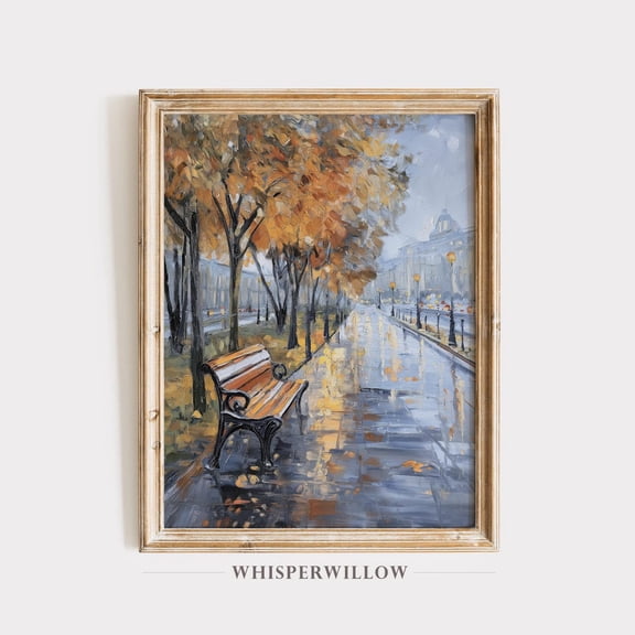 Romantic Rainy Autumn Park, Fall Foliage Cityscape, European Street Scene, Victorian Home Wall Art Poster Decor, Size 8x12 UNFFRAMED F03.1.8l2153