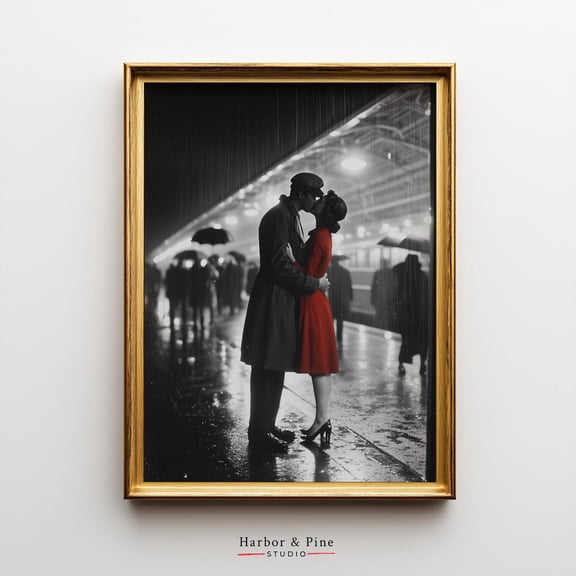 Romantic Rainy Train Platform Moody Vintage Noir Wall Art, Unframed Paper Poster 8x10in