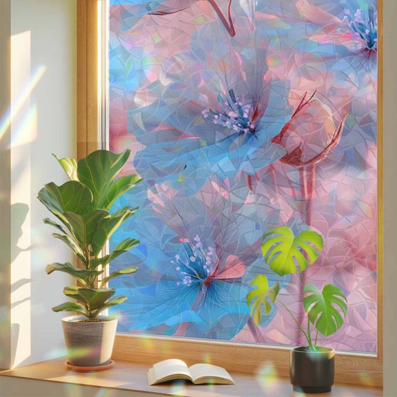 Romantic Realistic Blossom Flowers Window Privacy Film, Rainbow Film Decorative Window Sticker 17.7x39.3in, Fantasy Floral Sun Blocking Static Stained Glass Cling Tint Non-Adhesive