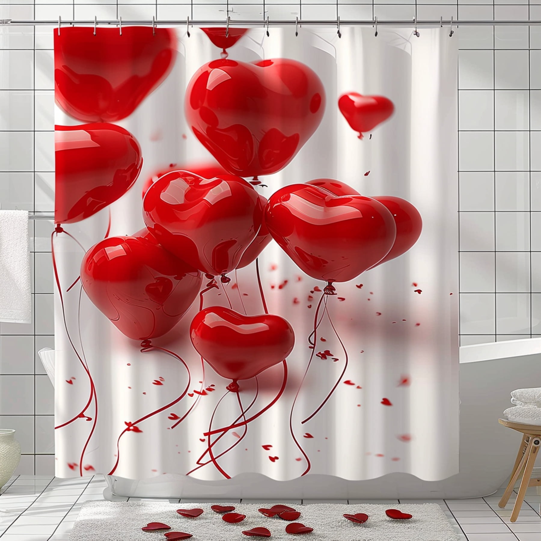 Romantic Red Heart Balloons Shower Curtain Valentine's Day Bathroom ...