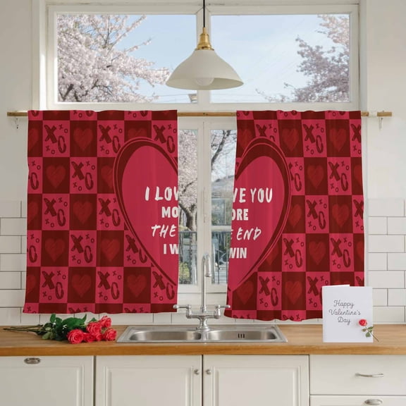 Romantic Red Heart Shape Pattern for Valentine's Day Chiffon Sheer Curtains 45 Inches Long, Plaid 2 Rod Pocket Window Treatment Voile Drapes Curtains for Living Room Bedroom,2 Panels, 52x45In