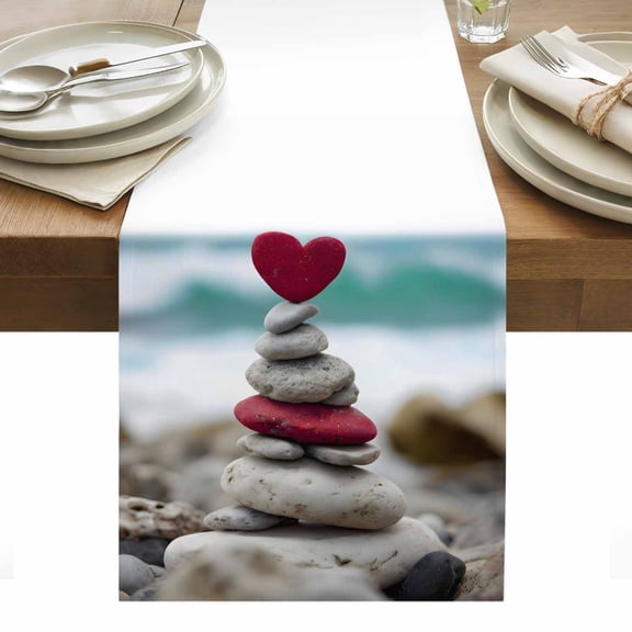 Romantic Red Heart Table Runner - 36 Inch Long, Kitchen Dining Table Runner Dresser Scarves, Valentine's Day Rock White Pebbles Sea Farmhouse Decor for Coffee Tables Wedding Party Banquet
