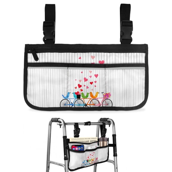 Romantic Red Heart Wheelchair Side Bag with Cup Holder, Cute Bird Bicycle Floral Vertical Stripes Wheelchair Armrest Bag Storage Pouch Adults, Seniors for Walkers, Rollator, Scooter