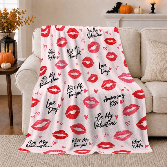 Romantic Red Lips Hearts, Playful Artistic Scene, Warm Flannel Blanket for Living Room and Bedroom with Detailed Artwork, Art Lovers Valentine's Day Gift, Playful Home Decor