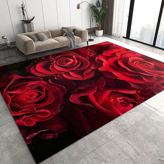 Romantic Red Rose Floral Print Area Rug, Indoor Non-Slip Kids Rugs, Machine Washable Breathable Durable Carpet For Room Sofa Living Room Mat Bedroom Home Decor Floor Mats 4x5ft