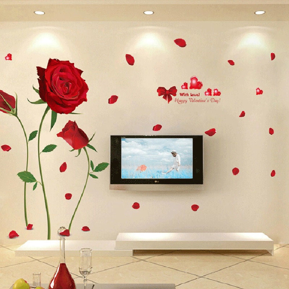 Romantic Red Rose Flower Wall Decals Flower Wall Art Stickers Decor for