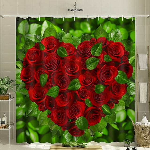 Romantic Red Rose Heart Bouquet Shower Curtain 's Day Bathroom Decor