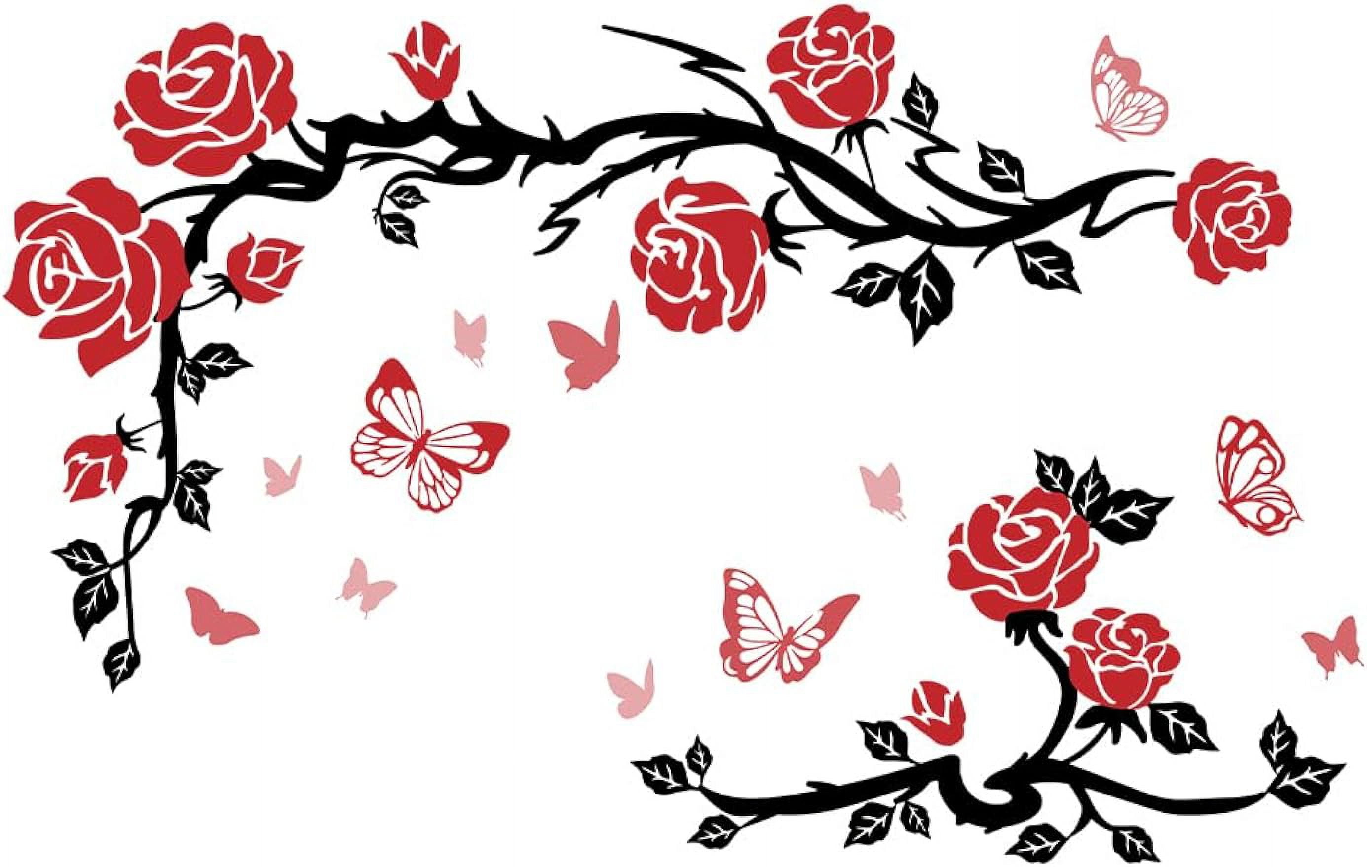 Romantic Red Rose Wall Stickers Red Butterfles Wall Decals with Black
