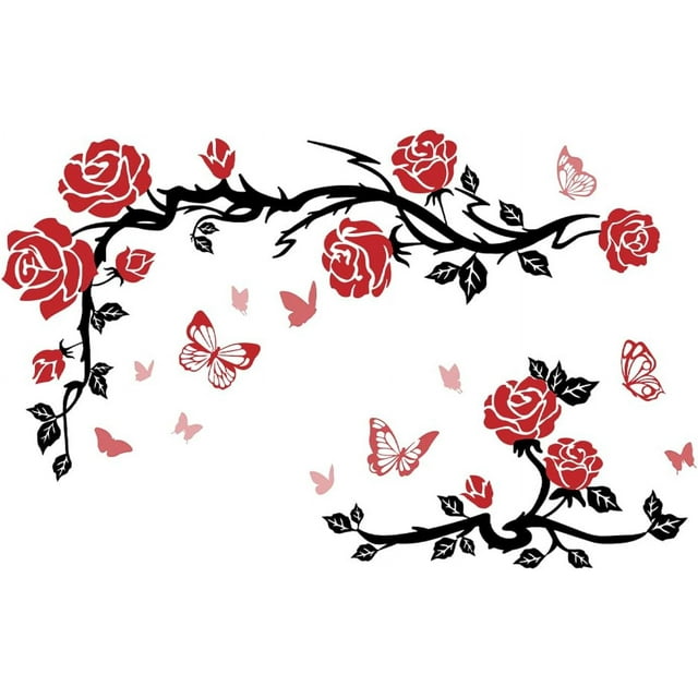 Romantic Red Rose Wall Stickers Red Butterfles Wall Decals with Black