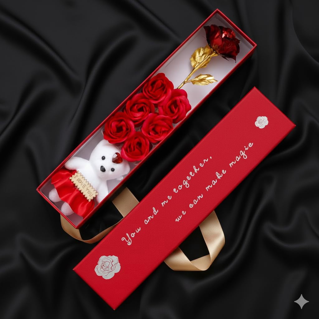 Romantic Red Roses Artificial Flower Gift Box with Cute Teddy Bear ...