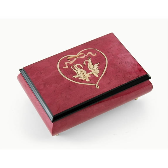 Romantic Red-Wine Swans in Heart Outline Sorrento Inlaid Music Box - Are You Lonesome Tonight