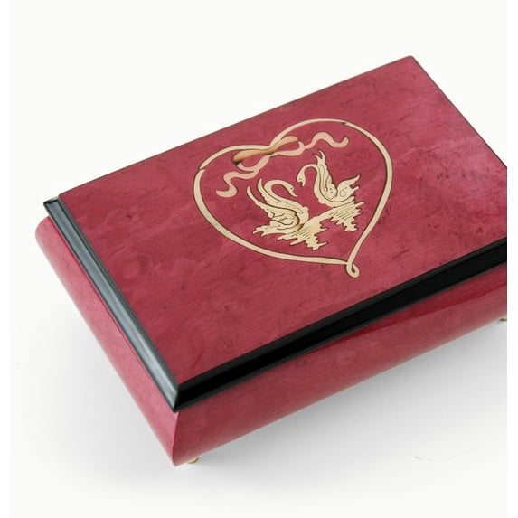 Romantic Red-Wine Swans in Heart Outline Sorrento Inlaid Music Box - Evergreen