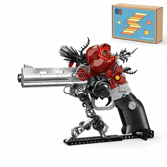 GreatStyler Romantic Revolver Building Blocks with Red Roses, Gothic Rose Revolver Building Kit, Movable Cylinder & Trigger, Decorative Gothic Home Table Centerpiece Decor