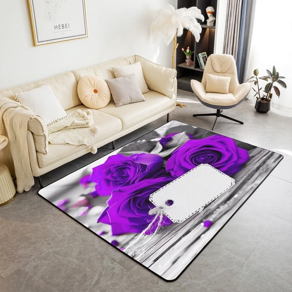 Romantic Rose Area Rug 3x5 for Living Room Playroom, Purple Rose Floral Rug for Kids Teens Adult Romantic Bedroom Decor, Rustic Farmhouse Flowers Carpet, Valentine Decor Decorative Washable Rug