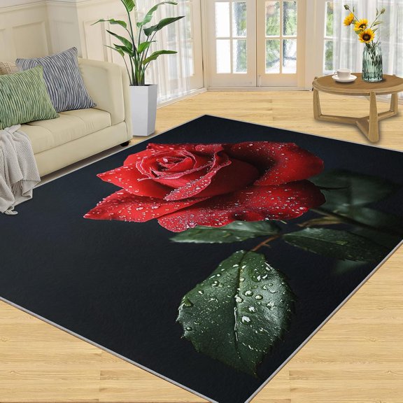 Romantic Rose Area Rug, Modern Floral Washable Rug, Non Slip Low Pile Carpet for Living Room Bedroom Home Decor 3x5ft