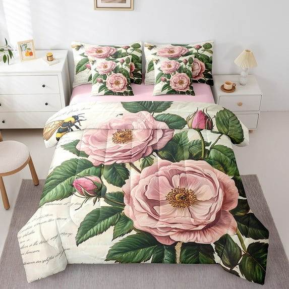 Romantic Rose Bed in a Bag King Size 7 Pieces,Valentine Rose King Comforter Set Reversible,Vintage Wildlife Bedding Sets All Season with Comforter, Sheets, Pillowcases & Shams