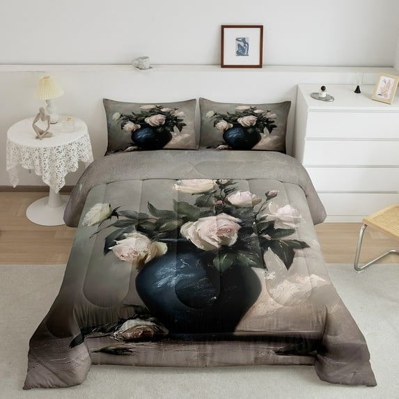 Romantic Rose Bedding Set,Oil Painting Roses Comforter Set Full Size Teens Adults,Flower in Black Vase Down Comforter Bedroom Decor,Vintage Bed Set