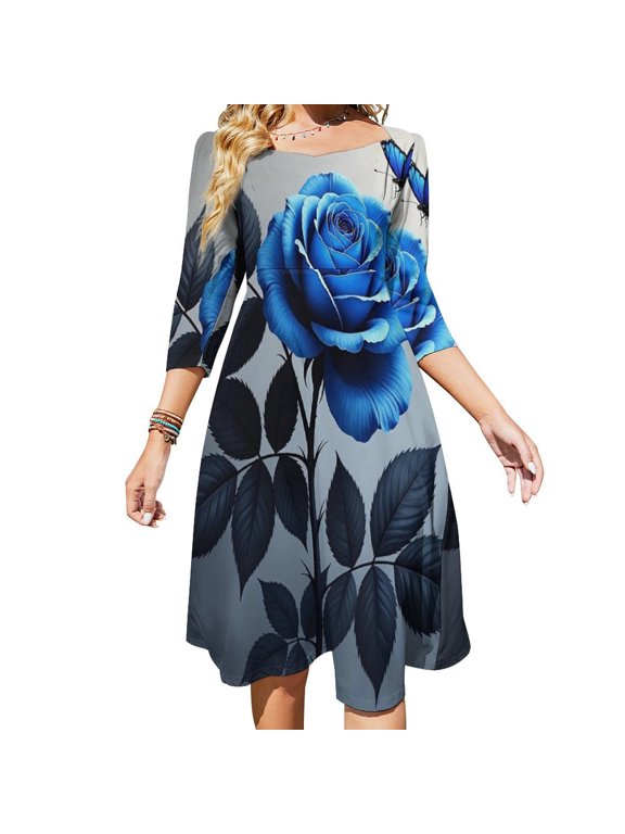 Romantic Rose Butterfly Blue And Grey Dress Summer Dresses Woman Street Style Big Size Casual Dress