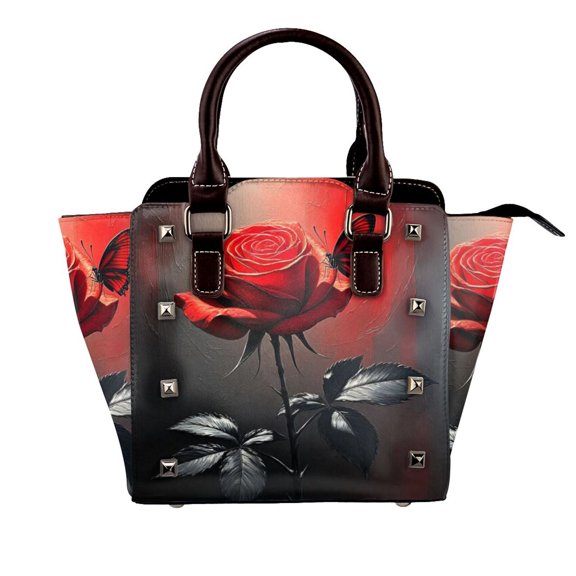 Romantic Rose Butterfly Grey And Red Rivet Fashion One-Shoulder Women's Handbag Tote Bag