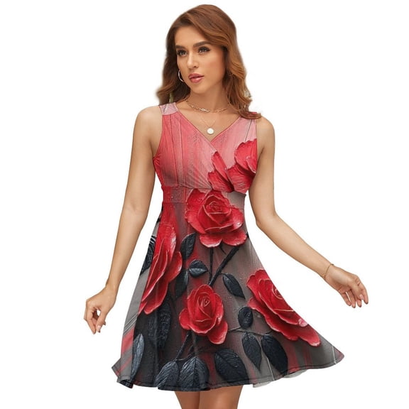 Romantic Rose Butterfly Red And Grey Dress Summer Street Style Dresses Female Sleeveless Printed Sundress