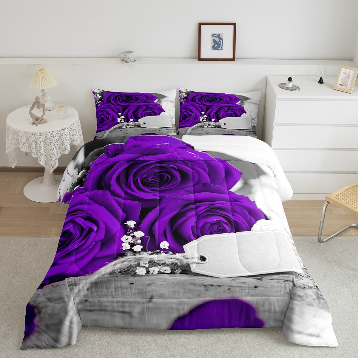 Romantic Rose Comforter Set Full, Purple Rose Floral Bedding Set for