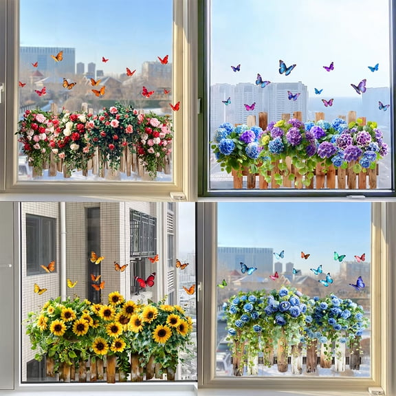 Romantic Rose Decals Floral Window Clings, Rose Vine Fence Flowers Stickers Window Art Murals, Double-Sided Floral Pattern Window Decor for Girls Bedroom Living Room Nursery Decor
