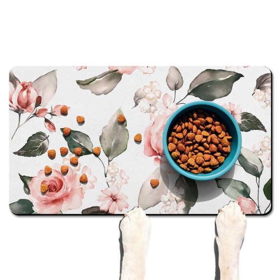 Romantic Rose Extra Large Floral Dog Bowl Mat - Peony Pattern Pet Food Mat, Absorbent & Waterproof