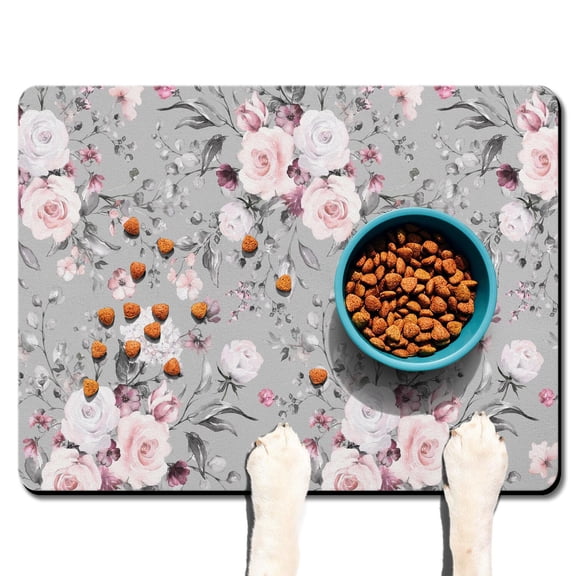 Romantic Rose Extra Large Floral Dog Bowl Mat - Peony Pattern Pet Food Mat, Absorbent & Waterproof