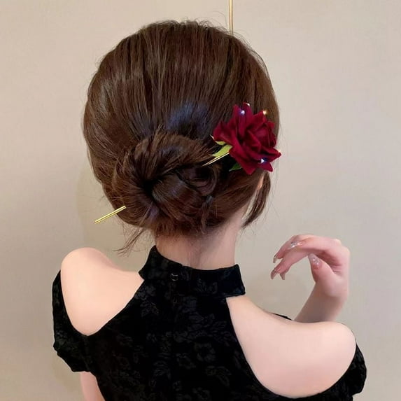 Romantic Rose Flocking Hairpin Flower Hair Sticks With Rhinestone For Women Bridal Floral Hair Clip Headwear Jewellery