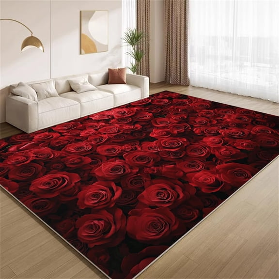 Romantic Rose Floral Area Rugs, Red Valentine Carpet, Washable Non Slip Low Pile Soft Rug for Entryway Bedroom Decor Mat 2ftx3ft