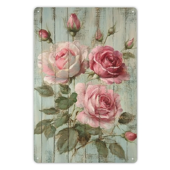 Romantic Rose Floral Vintage Metal Tin Sign, Shabby Chic Iron Wall Hanging Decor, Rustic Country Farmhouse Art for Home Bedroom Bathroom, Pre- Drilled Multipurpose Decorative Plaque, English 8x12in