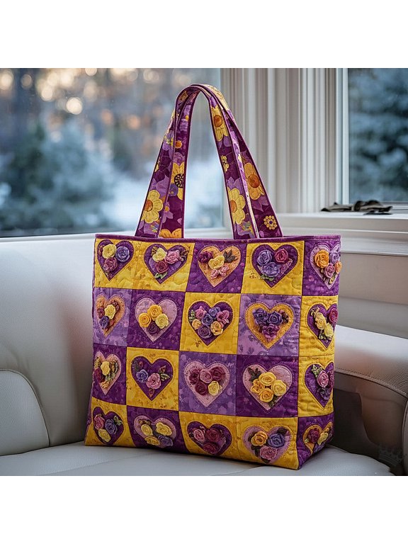 Romantic Rose Heart Quilted Tote Bag, Large Carryall for Work, School and Daily Essentials