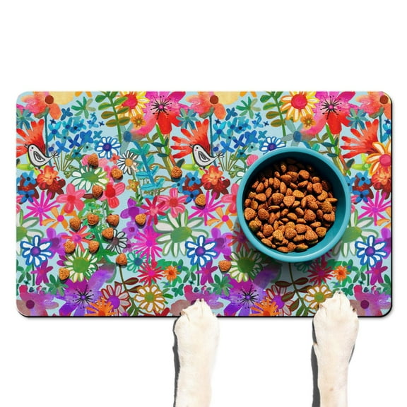 Romantic Rose Large Floral Dog Bowl Mat - Peony Pattern Pet Food Mat, Absorbent & Waterproof