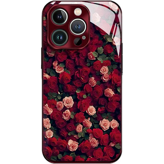 Romantic Rose Phone Case – Full-Cover Shockproof Protection with Independent Buttons for iPhone, Romantic Rose Glass Phone Case for iPhone17/16/15 Pro Max (13promax,Burgundy)
