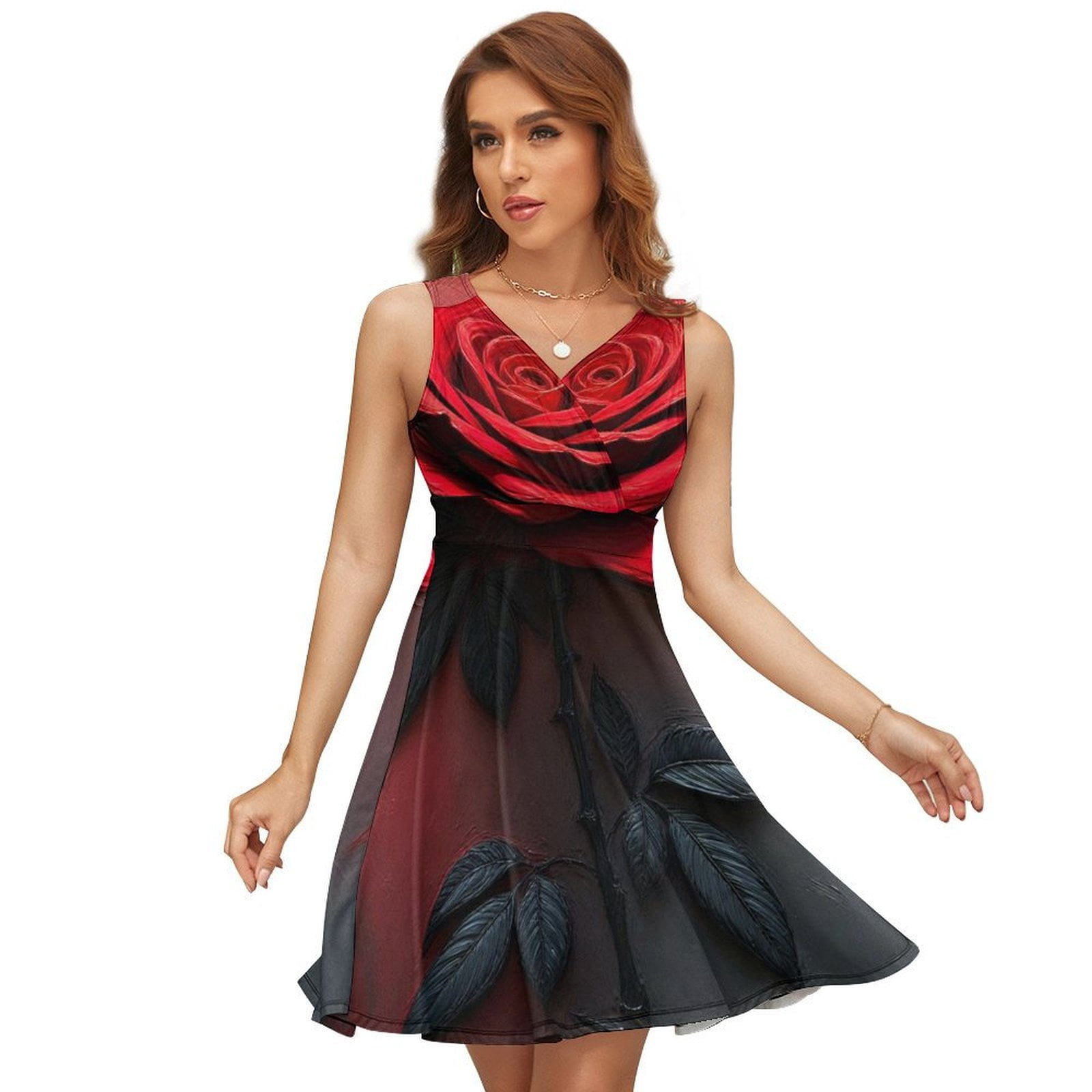 Romantic Rose Red And Grey Sleeveless Dress Women Summer Evening Dresses  Ladies Sundress
