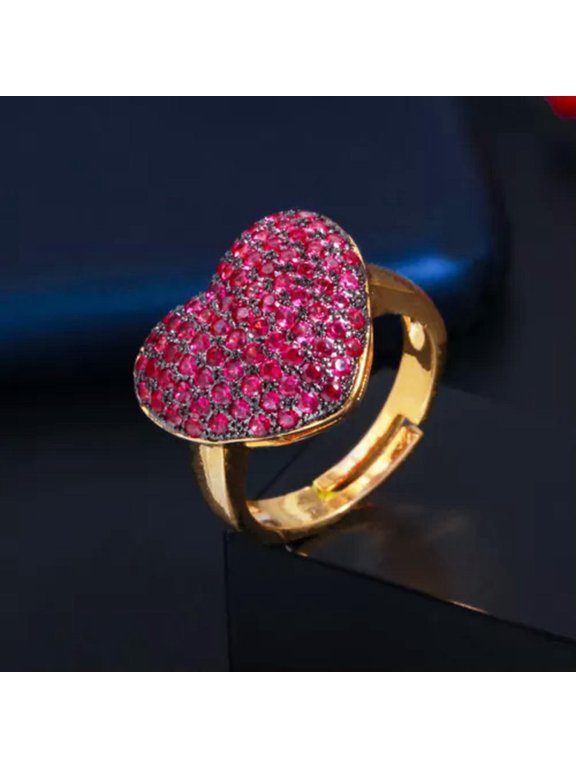 Romantic Rose Red CZ Stone Love Heart Adjustable Promise Ring Engagement Jewelry