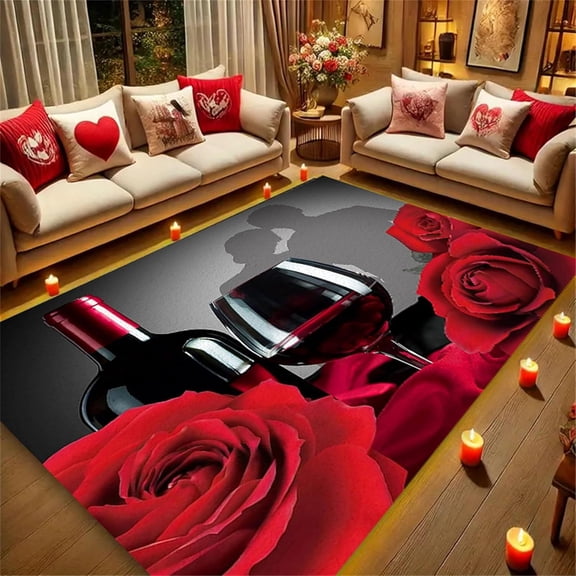 Romantic Rose Red Wine Glass Area Rug,3x4ft,Rose Flower Couple Shadow Non-Slip Durable Indoor Rug, Soft Low Pile Washable Rugs for Living Room Bedroom Valentine''s Day Party Decoration