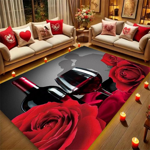 Romantic Rose Red Wine Glass Area Rug,3x5ft,Rose Flower Couple Shadow Non-Slip Durable Indoor Rug, Soft Low Pile Washable Rugs for Living Room Bedroom Valentine''s Day Party Decoration