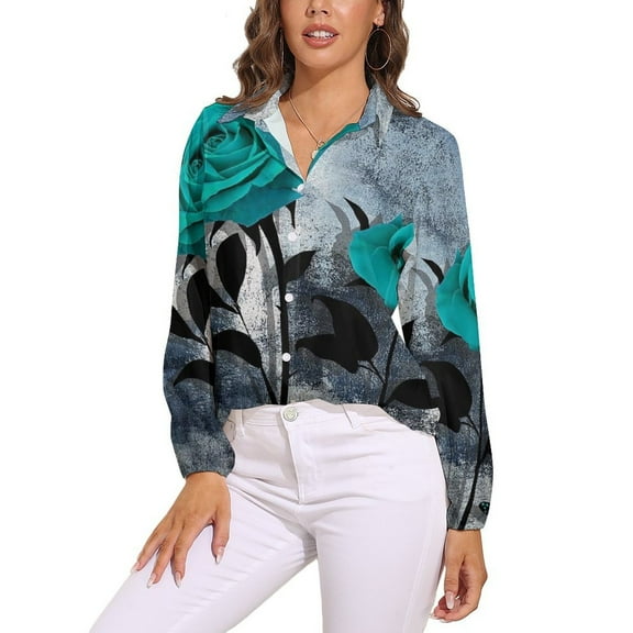 Romantic Rose Turquoise And Grey Long Sleeve Blouse Woman Streetwear Casual Shirts Summer Oversize Woman Streetwear Clothing Birthday Present