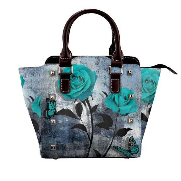 Romantic Rose Turquoise And Grey Rivet Fashion One-Shoulder Women's Handbag Tote Bag