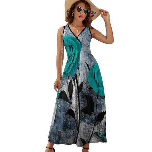 Romantic Rose Turquoise And Grey Womens Night Club Maxi Dress V Neck Sleeveless Bohemia Long Dresses