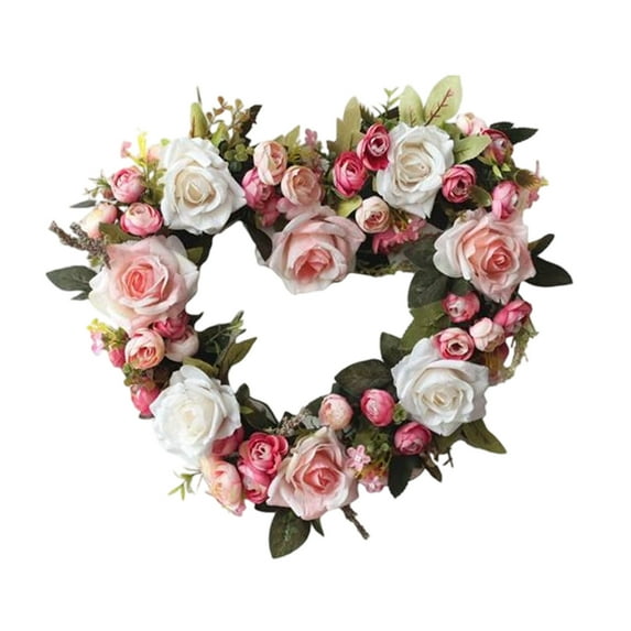 Romantic Rose Wreath Door Decoration – 14" Pink Artificial Floral Hanging Decor for Valentines Day, Weddings, Home & Gift Use