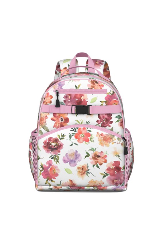 Romantic Rose and Peony Pattern Student Backpack Adjustable Padded Shoulder Straps Chest Strap Durable Water-resistant Bookbag