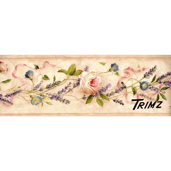 Romantic Roses And Lavender Wallpaper Border - Botanical Wall Decor 6.8 in x ft