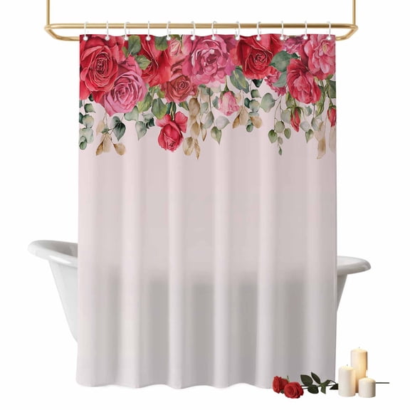 Romantic Roses Bathroom Shower Curtains with Hooks, Eucalyptus Leaf Valentine's Day Pink Waterproof Fabric Washable Shower Curtain for Home Hotel Bathtub Decor 60x72 Inch