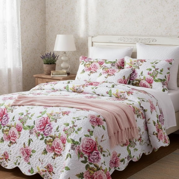 Romantic Roses Floral Bedspread Set - Lovely Spring Pink & White Scalloped Colorful Lightweight Breathable - Bright Vibrant Quilted Coverlet w/Pillow Shams - King - 3-Pieces